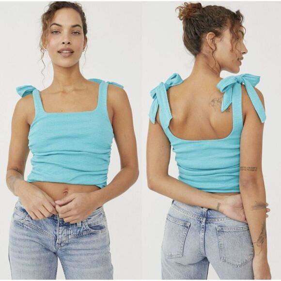 Free People Boulevard Bow Tie Strap Ruched Sides Cotton Rib Tank Top Aqua Medium - Picture 1 of 3